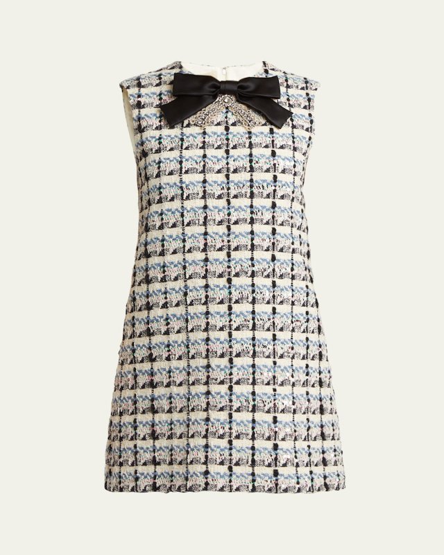 Bow-Embellished Sequin Tweed Mini Dress